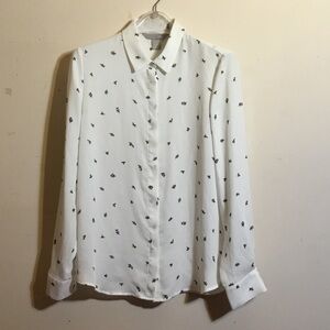 H&M Sheer White Button down Collared Shirt with Black Leaf Pattern size 10